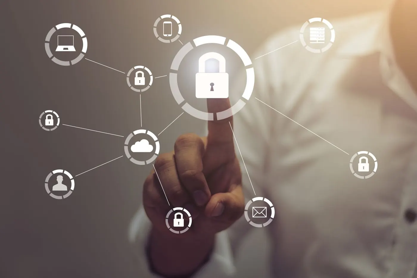 Hand touching a padlock security icon